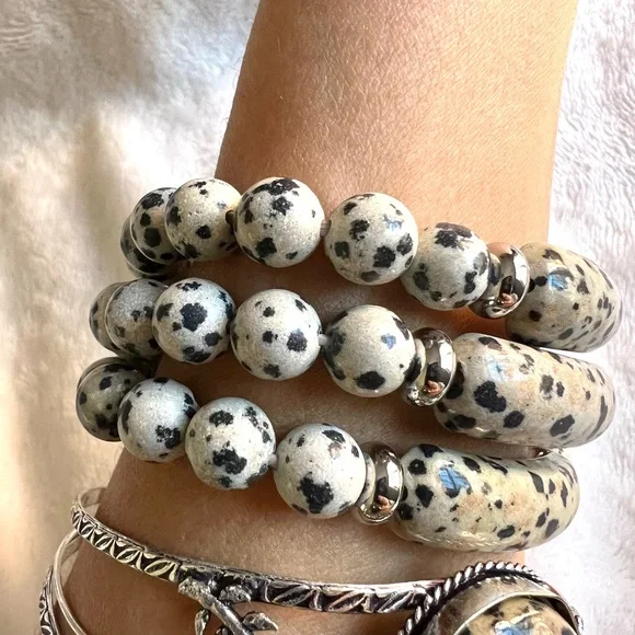 Dalmatian Jasper ID Mala Bead Bracelet - Picture 3 of 12